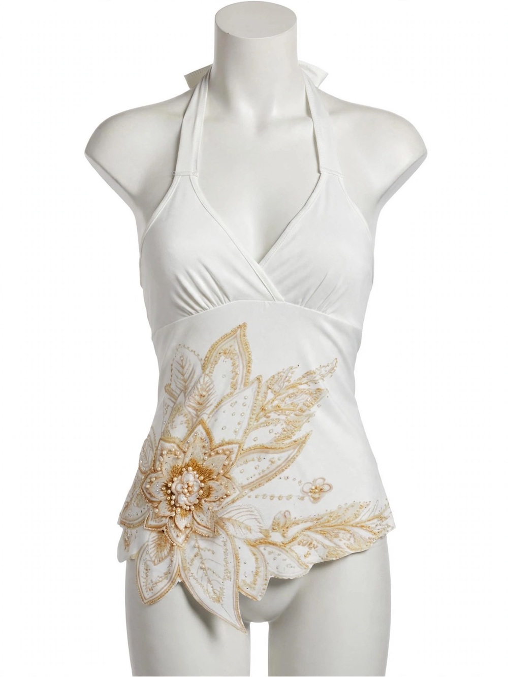 SHEIN White Halter Bandeau Top with Gold Floral Appliqué